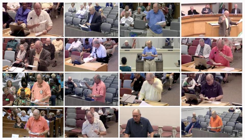Frame grabs of the Beaufort County Channel during of a variety of government meetings in Beaufort County from 2015-23 show critic Skip Hoagland during public comments.