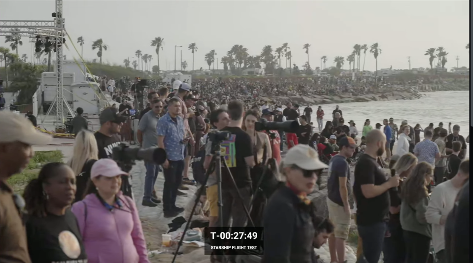 Crowds gather near Starbase, Texas, for the first integrated launch of SpaceX's Starship vehicle on Thursday, April 20, 2023.