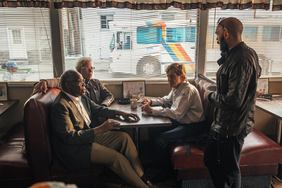 David Lowery directs Danny Glover, Tom Waits and Robert Redford in a scene from "The Old Man &amp; the Gun." (Photo: Fox Searchlight)