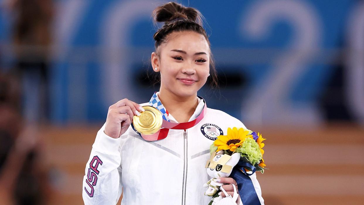 Sunisa Lee of Team United States poses with her gold medal after winning the Women's All-Around Final on day six of the Tokyo 2020 Olympic Games at Ariake Gymnastics Centre on July 29, 2021 in Tokyo, Japan.