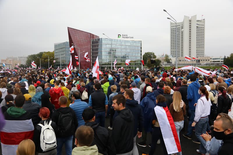 Belarusian opposition supporters hold a rally in Minsk