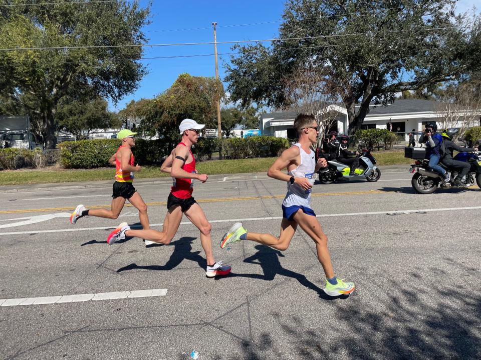 Zach Panning, left, Clayton Young, center, and Conner Mantz compete in the U.S. Olympic Marathon Trials in Orlando, Fla., on Saturday, Feb. 3, 2024. | Lynn Eyestone