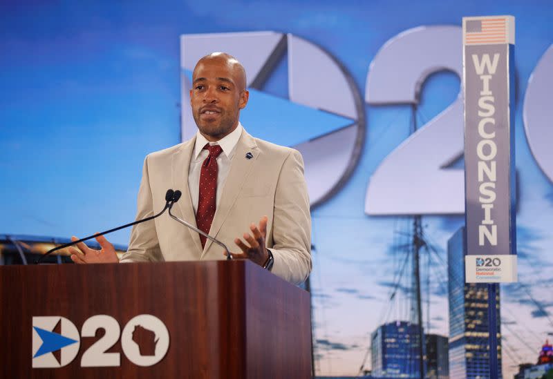 FILE PHOTO: Wisconsin Lieutenant Governor Mandela Barnes casts the Wisconsin delegation's votes during the roll call on second night of virtual 2020 Democratic Convention in Milwaukee, Wisconsin