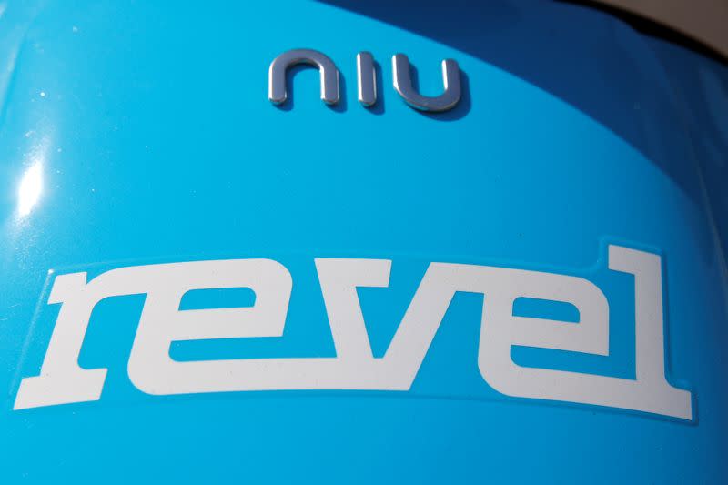 Revel app-based electric scooter is parked idle following suspension of service in New York