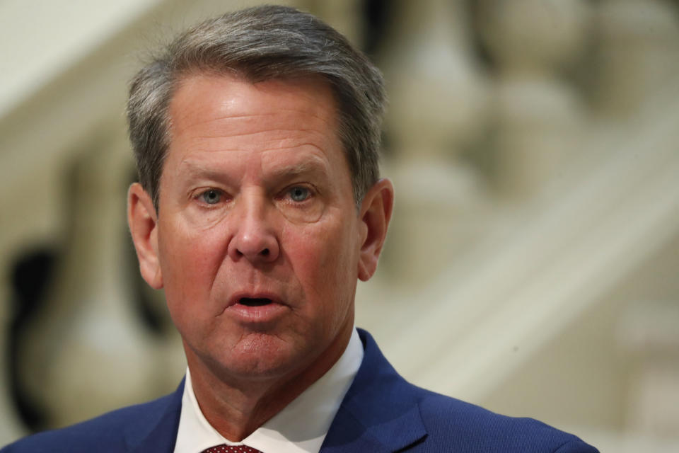 Georgia Gov. Brian Kemp speaks during a coronavirus briefing at the Capitol Friday, July 17, 2020, in Atlanta. Kemp sued the city of Atlanta over its face-mask requirement just after President Donald Trump arrived in the city without wearing a mask, Mayor Keisha Lance Bottoms said Friday.(AP Photo/John Bazemore)