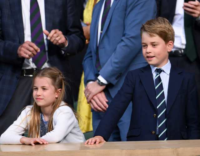 LONDON, ENGLAND – JULY 16: Princess Charlotte of Wales and Prince George of Wales watch Carlos Alcaraz vs Novak Djokovic in the Wimbledon 2023 men’s final on Centre Court during day fourteen of the Wimbledon Tennis Championships at All England Lawn Tennis and Croquet Club on July 16, 2023 in London, England.<em> Photo by Karwai Tang/WireImage.</em>
