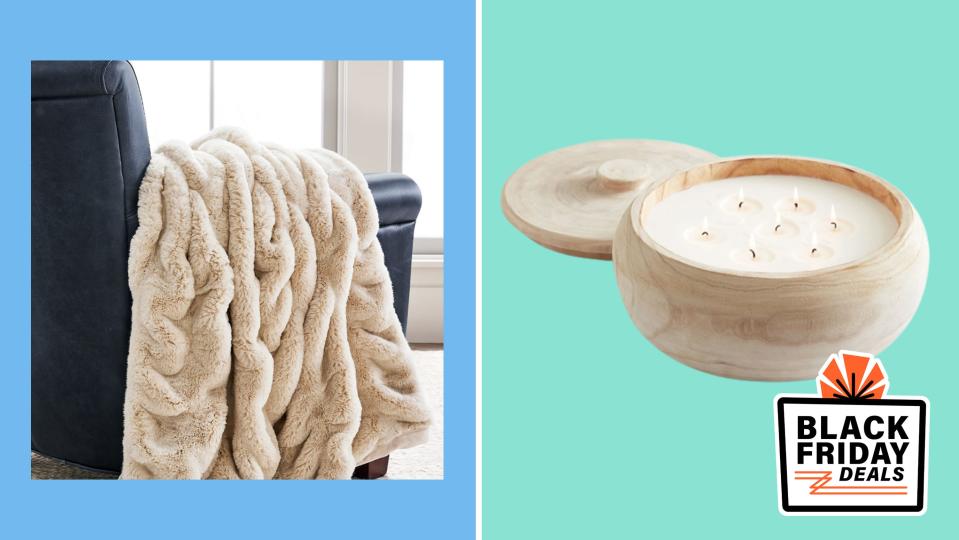 Pottery Barn Early Black Friday Deals: Faux fur blankets and wood citronella candles.