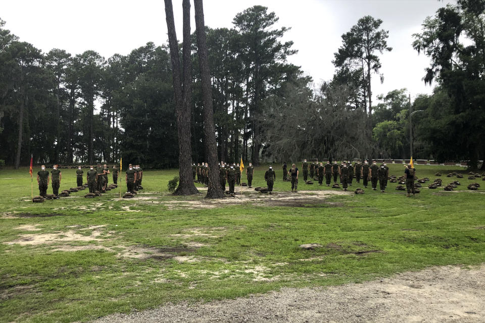 Marine recruits at Parris Island Recruit Depot, S.C., on May 27, 2020. In ways big and small, the virus is impacting training at the Marine Corps' Parris Island Recruit Depot and across the military. (AP Photo/Lolita Baldor)