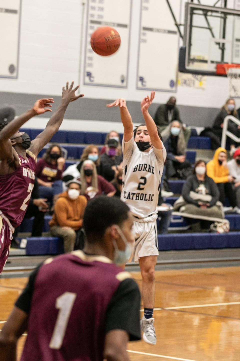 Burke's Jake DeMaro takes a shot against O'Neill in a basketball game in Goshen on January 11, 2022.