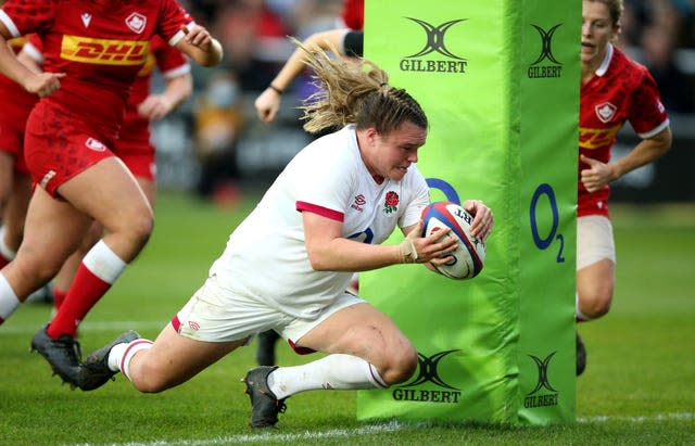 England’s Sarah Bern dives for a try during a 89-0 win over the United States