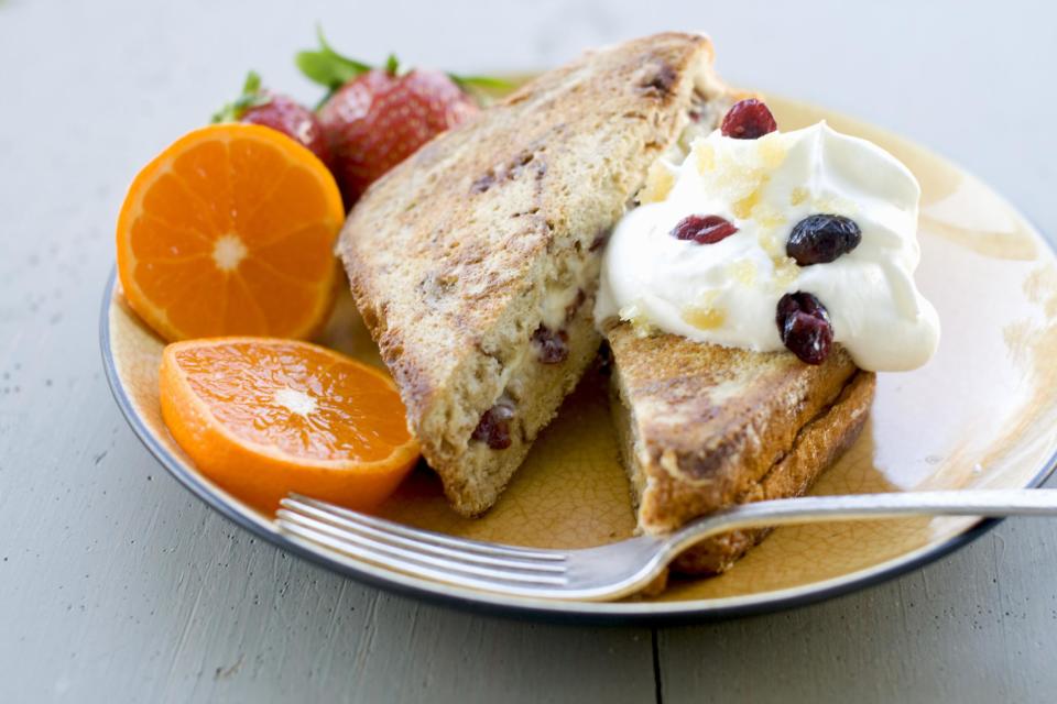 In this image taken on Nov. 12, 2012, cranberry cream cheese stuffed French toast is shown served on a plate in Concord, N.H. (AP Photo/Matthew Mead)