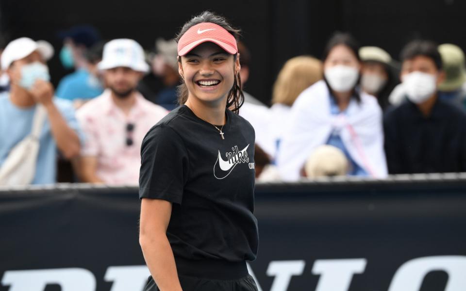 Emma Raducanu of Great Britain on a practice court before her round one match against Sloane Stephens - James D. Morgan/Getty Images