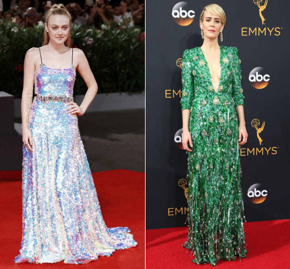 <p>Pailletten pur wie an Dakota Fanning oder als aufwendig verarbeitete Muster wie an Sarah Paulson brachten 2016 die roten Teppiche zum Funkeln. (Bilder: WENN) </p>