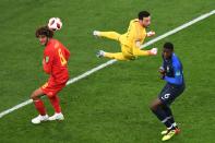 <p>(From L) Belgium’s midfielder Marouane Fellaini, France’s goalkeeper Hugo Lloris and France’s midfielder Paul Pogba eye the ball during the Russia 2018 World Cup semi-final football match between France and Belgium at the Saint Petersburg Stadium in Saint Petersburg on July 10, 2018. (Photo by FRANCOIS XAVIER MARIT / AFP) </p>