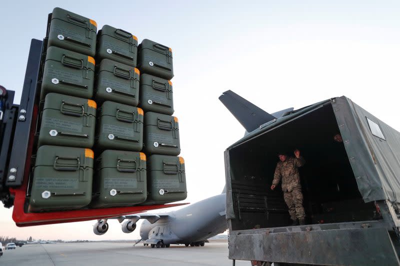 FILE PHOTO: Ukraine receives shipment of Lithuania's military aid at an airport outside Kyiv