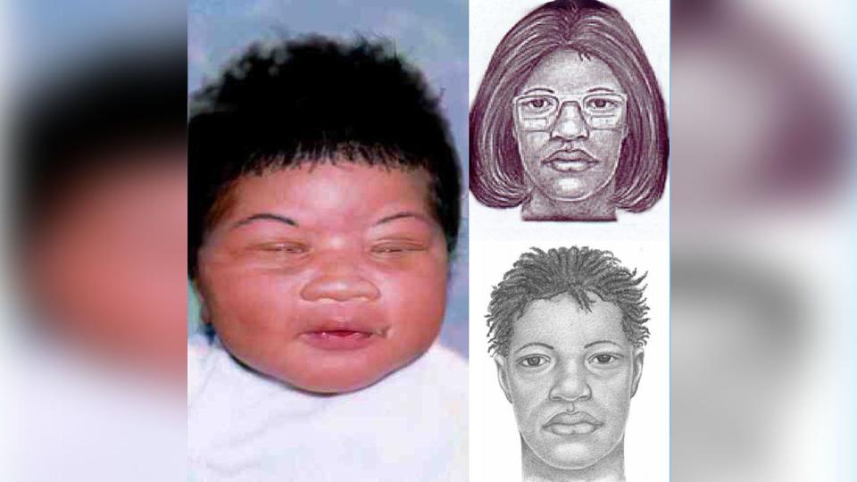 <p>This composite image provided by the Jacksonville Sheriff's Office in Jacksonville, Fla., shows a photo of Kamiyah Mobley, an infant girl who was kidnapped by a woman, seen in separate sketches provided by police in 1998 during the initial search.</p>