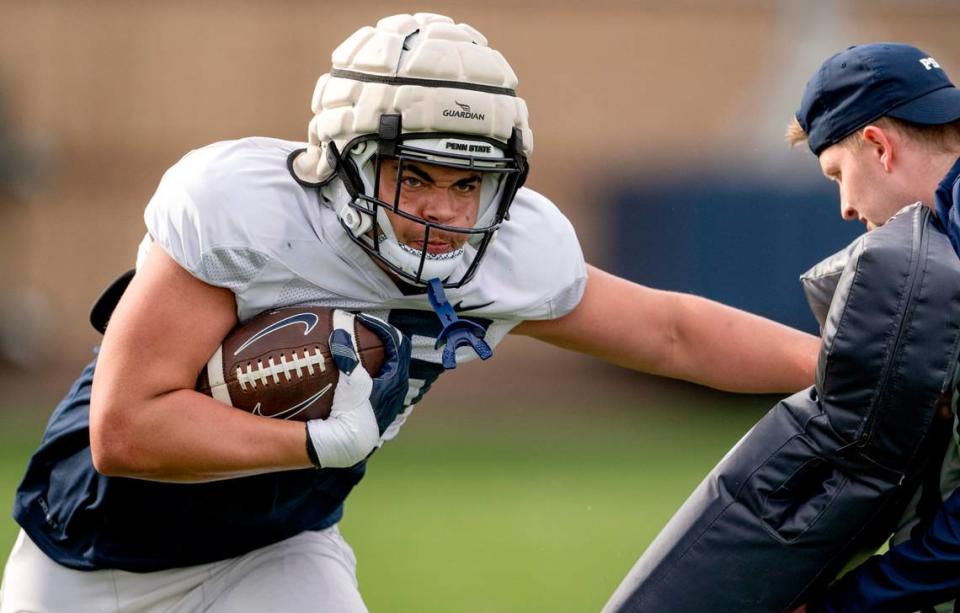 Penn State tight end Mega Barnwell runs a drill at practice on Tuesday, April 11, 2023.