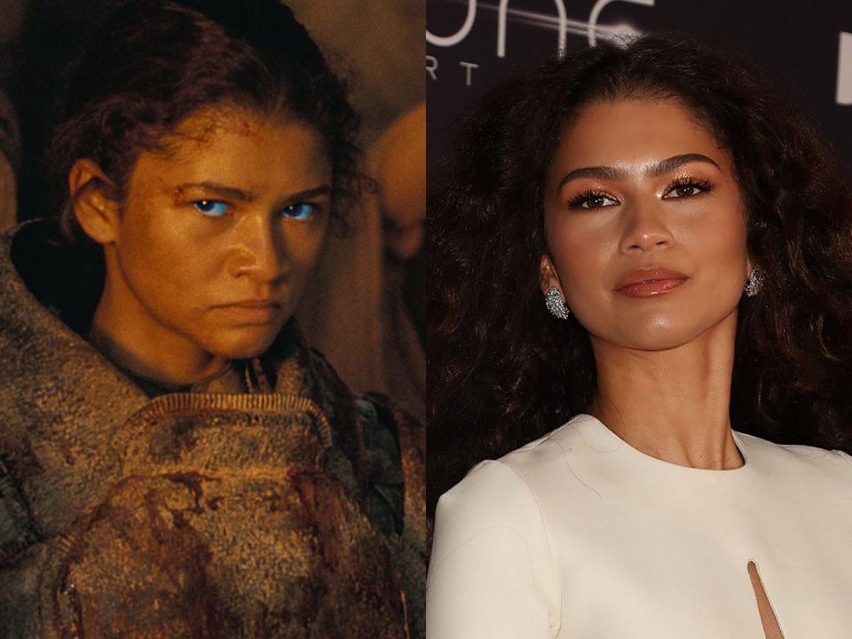 Zendaya as Chani in "Dune: Part Two" and Zendaya at the NYC premiere of the film.