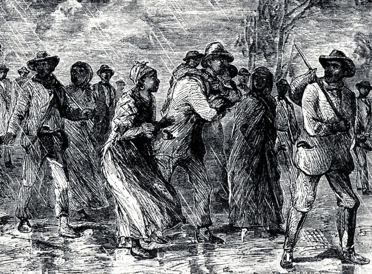 Black fugitives fleeing slavery on the Underground Railroad, <a href="https://www.gettyimages.com/detail/news-photo/fugitive-slaves-fleeing-from-maryland-to-delaware-by-way-of-news-photo/815687998?phrase=underground%20railroad%20slavery&adppopup=true" rel="nofollow noopener" target="_blank" data-ylk="slk:Photo 12/Universal Images Group via Getty Images;elm:context_link;itc:0;sec:content-canvas" class="link ">Photo 12/Universal Images Group via Getty Images</a>