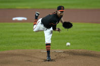 Baltimore Orioles pitcher Alex Cobb throws a pitch to the Tampa Bay Rays during the first inning of a baseball game, Friday, Sept. 18, 2020, in Baltimore. (AP Photo/Julio Cortez)