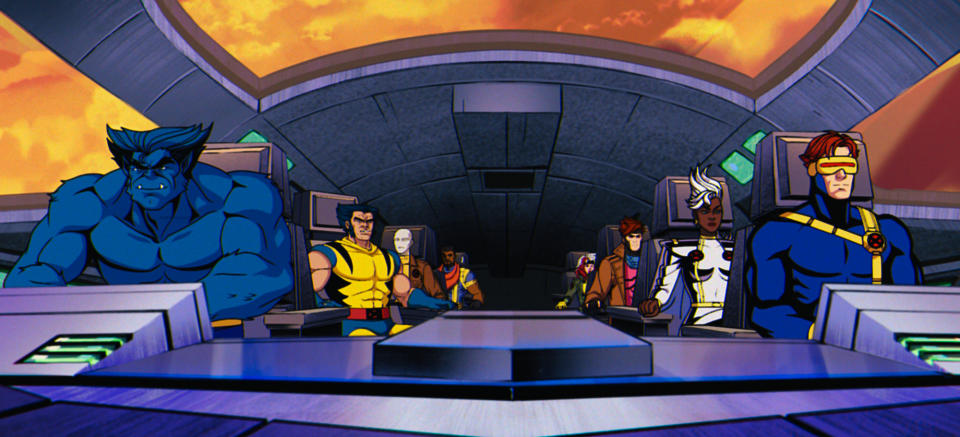 Beast (George Buza), Wolverine (Cal Dodd), Morph (JP Karliak), Bishop (Isaac Robinson-Smith), Rogue (Lenore Zann), Gambit (AJ LoCascio), Storm (Alison Sealy-Smith), Cyclops (Ray Chase) in X-Men '97. (Image: Disney+ & Marvel Animation)