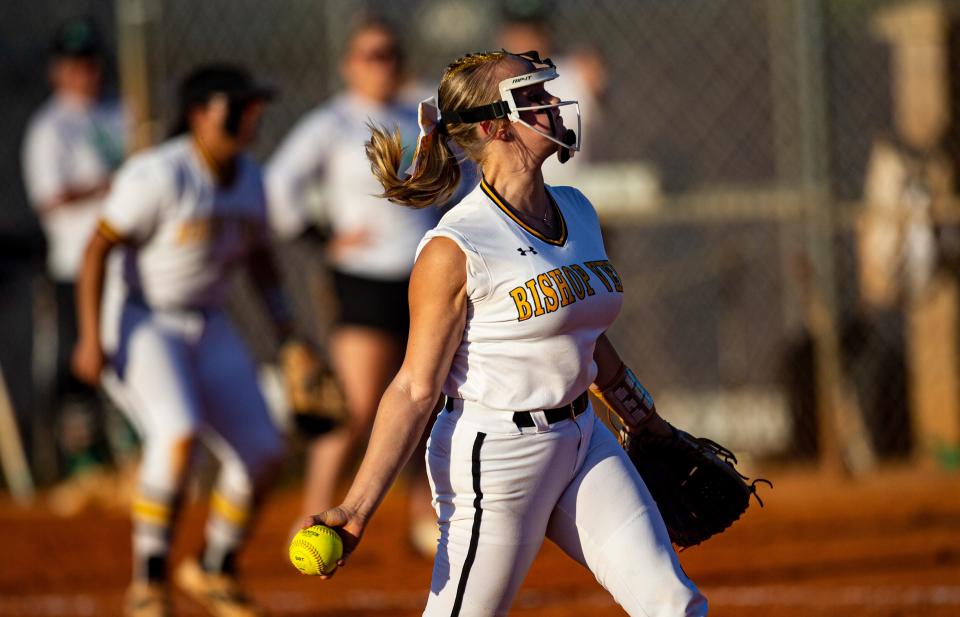 Victoria Ash from  the Bishop Verot softball team pitches against Fort Myers during a game between the two teams at Sam Fleishman Sports Complex on Tuesday, April 18, 2023.  Bishop Verot won.  