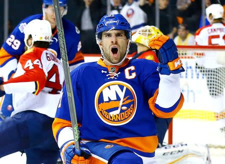 New York Islanders center John Tavares (91) celebrates after scoring a power play goal against the Florida Panthers during the second period of game four of the first round of the 2016 Stanley Cup Playoffs against the Florida Panthers at Barclays Center. Mandatory Credit: Andy Marlin-USA TODAY Sports