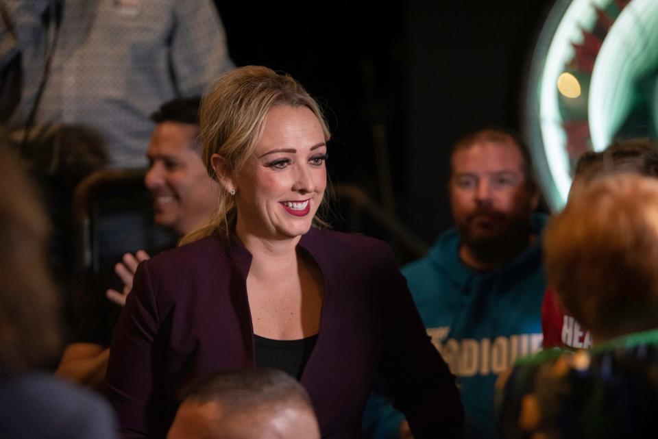 Heather Graham smiles while speaking with supporters after winning the Pueblo mayoral runoff election on Tuesday, January 23, 2024.