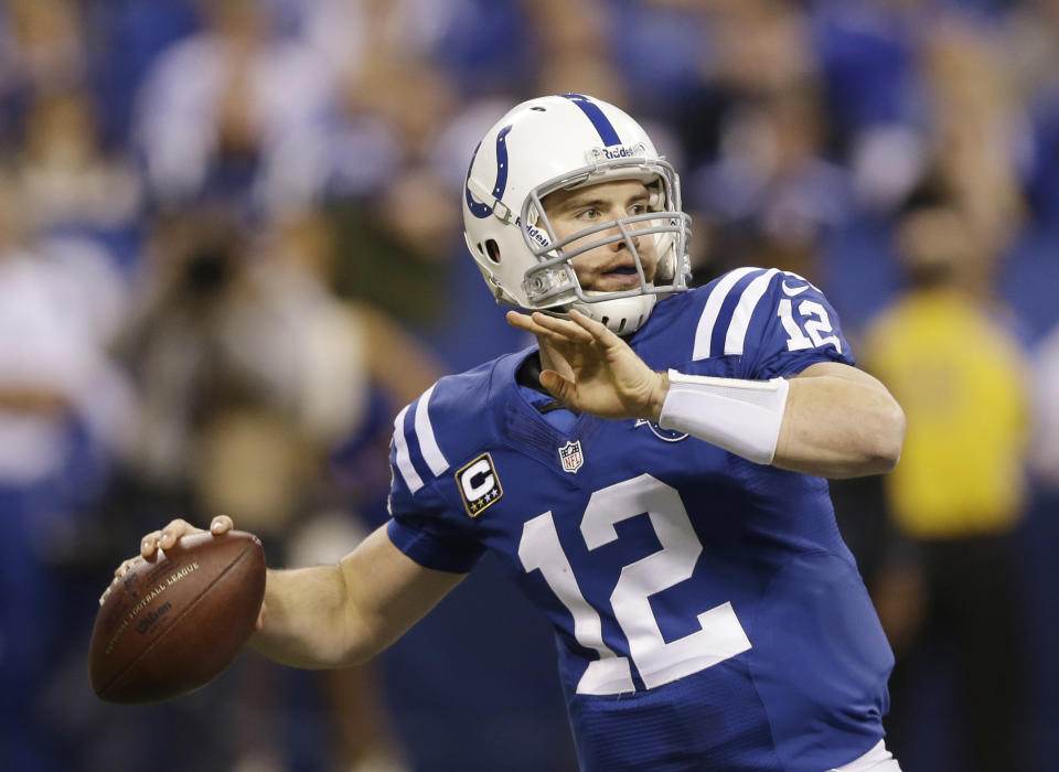 Indianapolis Colts quarterback Andrew Luck (12) throws during the first half of an NFL wild-card playoff football game against the Kansas City Chiefs Saturday, Jan. 4, 2014, in Indianapolis. (AP Photo/Michael Conroy)