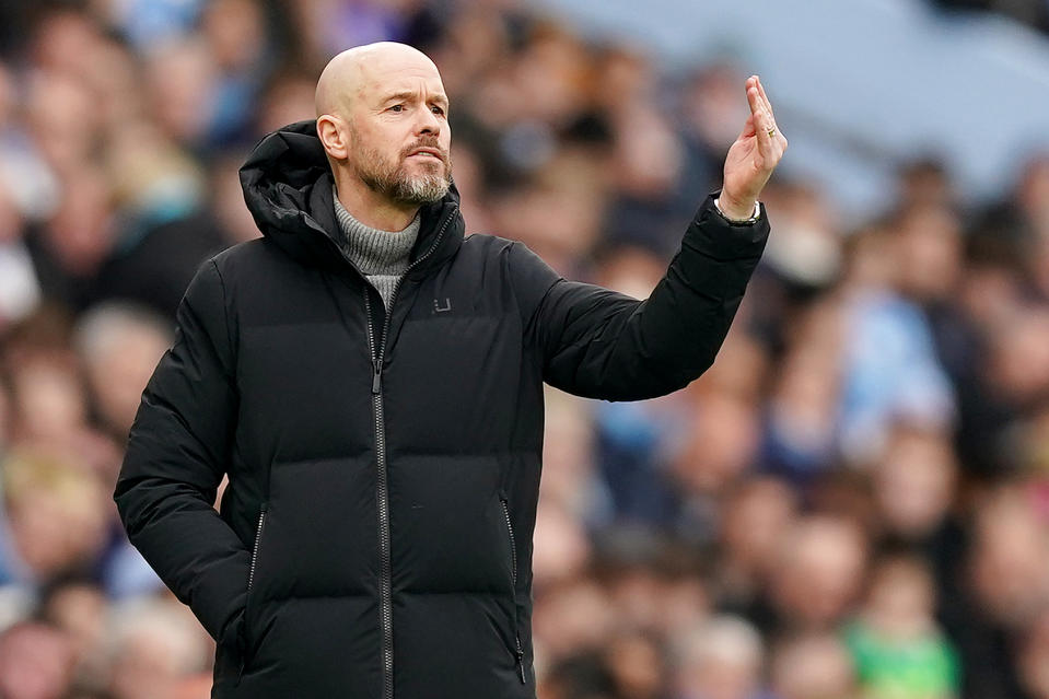 Manchester United manager Erik ten Hag gestures on the touchline during their English Premier League match against Manchester City. 