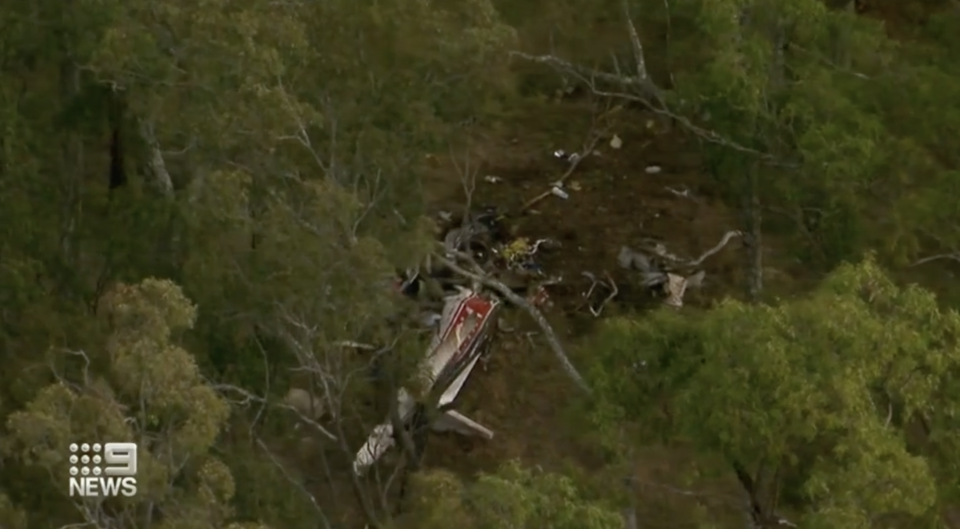 Pictured is the light plane wreckage near Fernvale, Queensland