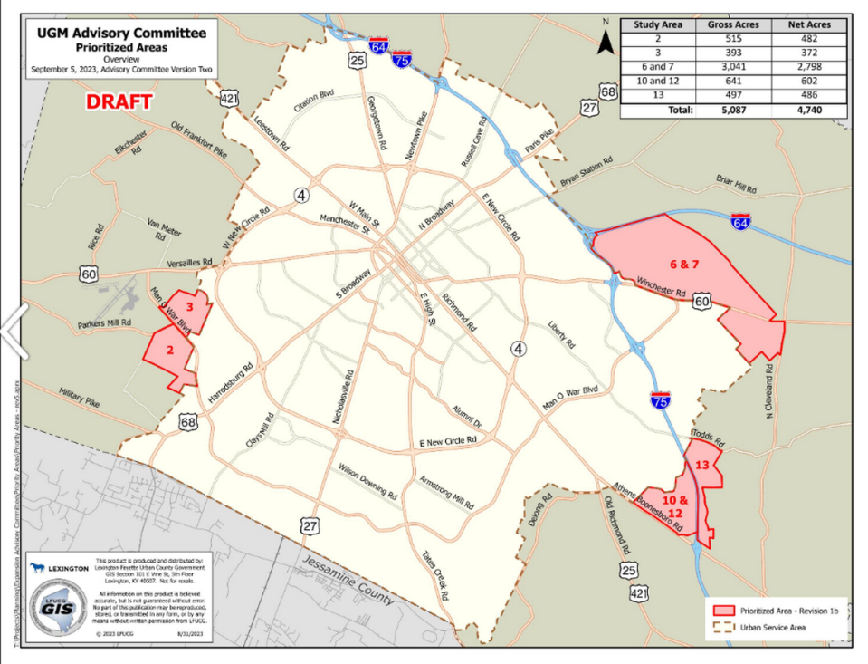 A committee charged with adding between 2,700 to 5,000 acres to Fayette County’s growth boundary has identified multiple areas where development could occur. A public hearing is set for Sept. 12, 2023.