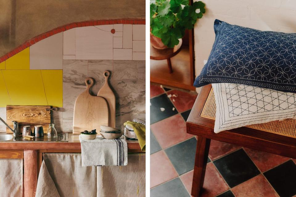 a kitchen with a table and a bench with cushions