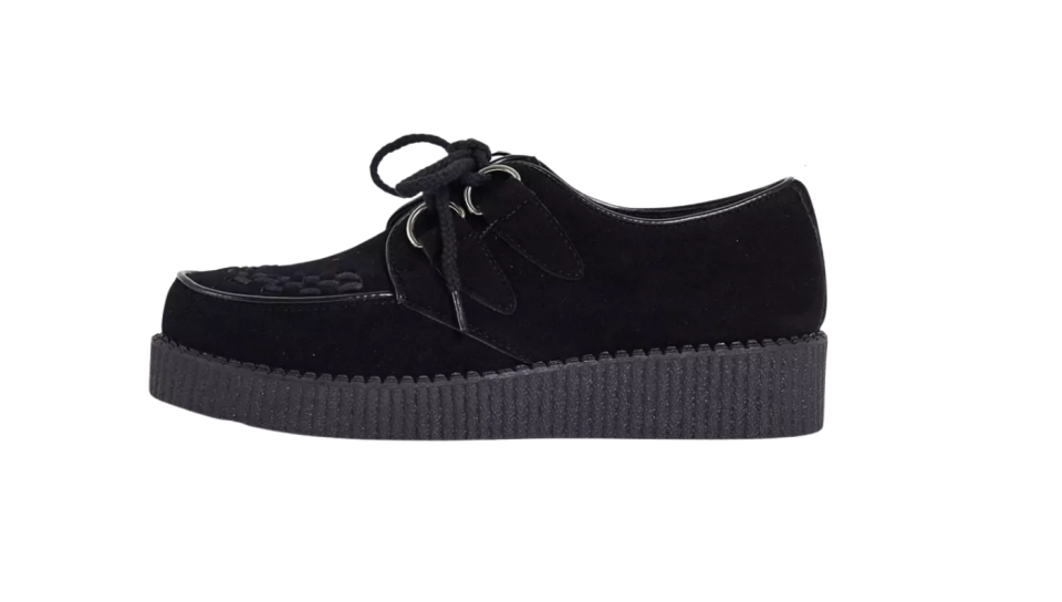 A photo of Asos Truffle Collection lace up creeper in black micro suede.