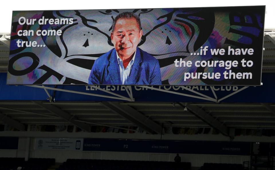 A motivational message alongside a photo of former Leicester City FC chairman Vichai Srivaddhanaprabha is shown on the big screen prior to a Premier League match at the King Power Stadium, Leicester (Mike Egerton/PA) (PA Wire)