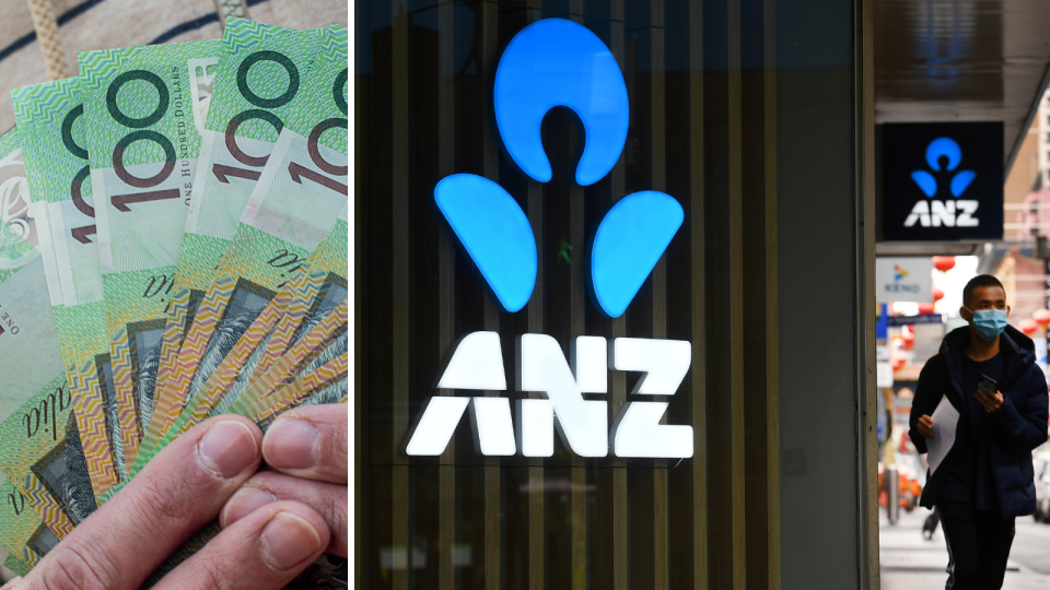 A person holding $100 Australian notes and the ANZ logo on the exterior of a building.