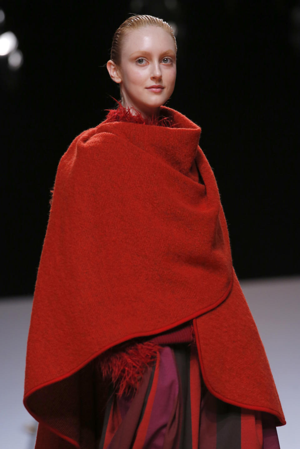 A model wears a creation for Issey Miyake's ready to wear fall/winter 2014-2015 fashion collection presented in Paris, Friday, Feb.28, 2014. (AP Photo/Jerome Delay)