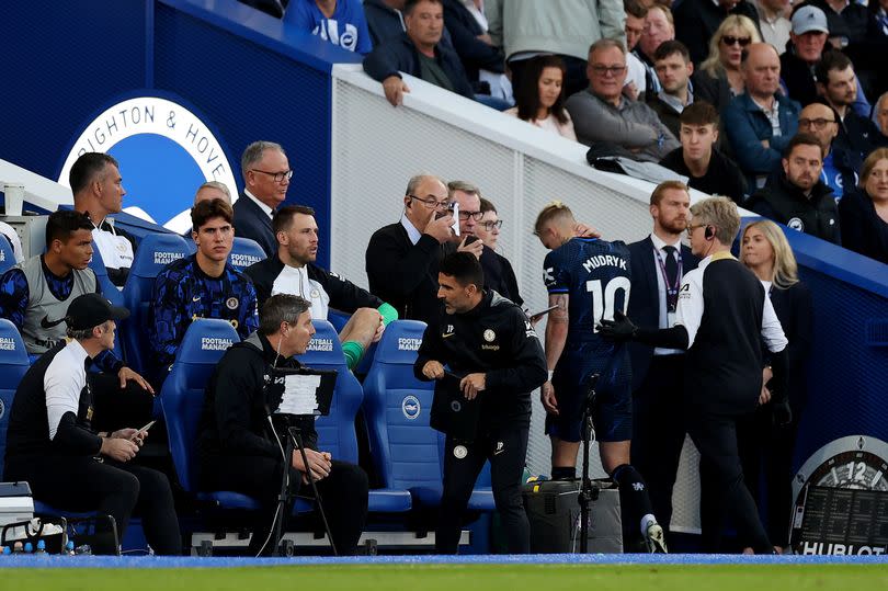 Mykhailo Mudryk is substituted off after picking up an injury during the Premier League match between Brighton & Hove Albion and Chelsea FC.