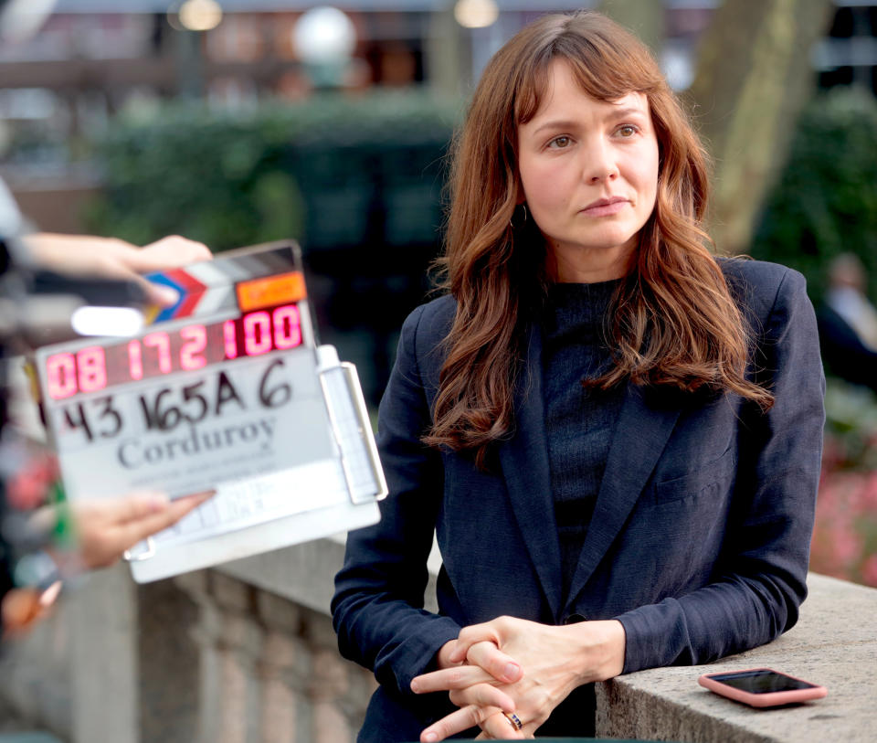 <p>Carey Mulligan films <em>She Said</em>, the story of <em>New York Times</em> reporters tracking Harvey Weinstein, on Aug. 17 in N.Y.C.</p>