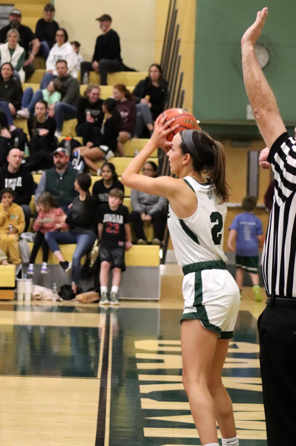 Oakmont's Ella Dellasanta looks for a teammate on an inbound pass in the Spartans' game against Fitchburg on January 12, 2024.