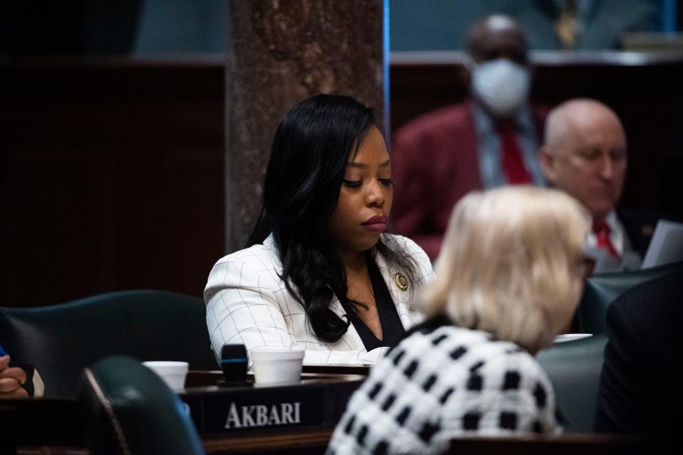 Sen Katrina Robinson sits in the Senate Chamber before her expulsion trial in the State Capitol in Nashville, Tenn., Wednesday, Feb. 2, 2022.