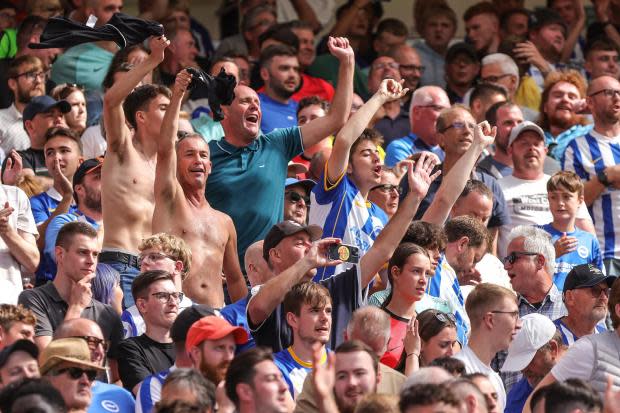 Brighton fans were jubilant after winning their first match of the Premier League against Manchester United - credit: Richard Parkes