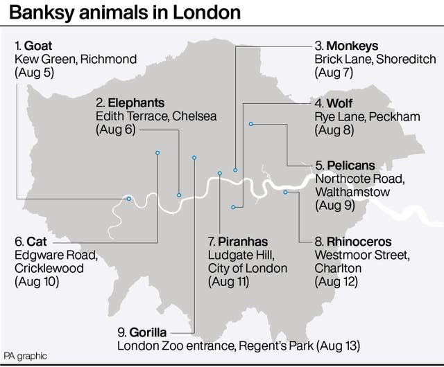 Locator map showing the nine different parts of London where Banksy artworks have emerged over the last nine days