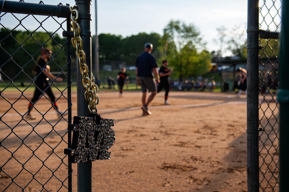 Marlboro's Player of the Game award hangs on the fence in their dugout during the MHAL softball final against Pine Plains on May 13, 2024.