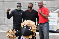 <p>Anthony Mackie poses alongside Atlanta Falcons' staff and mascot during the Fuel the Vote x #Wondalunch on Saturday at the Mercedes Benz Stadium in Atlanta.</p>