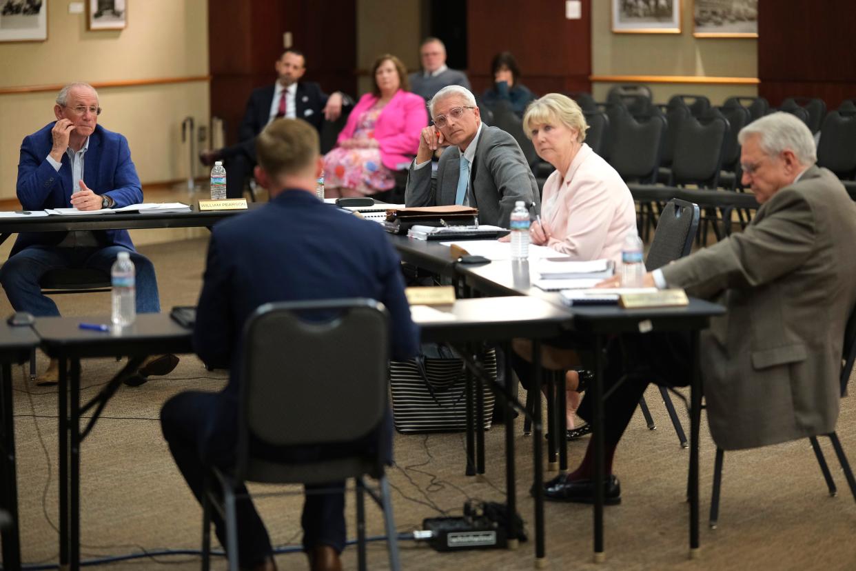 Board members listen to Ryan Walters, Oklahoma state schools superintendent, on Tuesday, April 11, 2023, during a Oklahoma Statewide Virtual Charter School Board meeting to discuss a vote on whether to approve the creation of St. Isidore of Seville Catholic Virtual School.