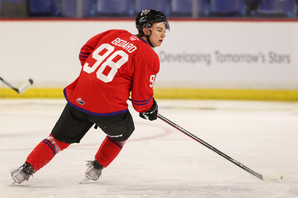 Forward Connor Bedard #98 of the Regina Pats skates for Team Red during the 2023 Kubota CHL Top Prospects Game Practice at the Langley Events Centre on January 25, 2023 in Langley, British Columbia. (Photo by Dennis Pajot/Getty Images)