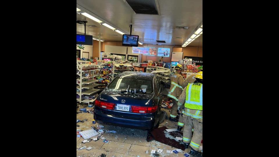 A man intentionally plowed his car into a 7-Eleven after throwing merchandise at employees, California police said. 