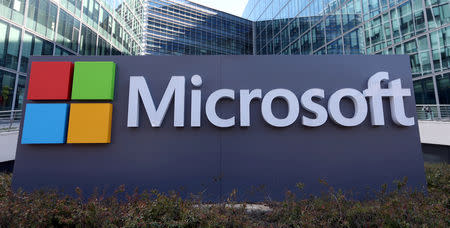 FILE PHOTO: General view of Microsoft's logo at Microsoft Corporation headquarters at Issy-les-Moulineaux, near Paris, France, April 18, 2016. REUTERS/Charles Platiau/File Photo