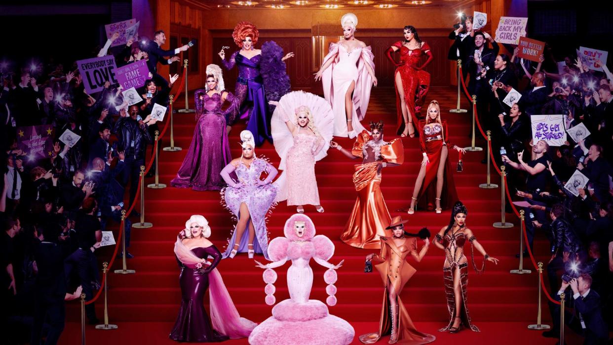  The cast of RuPaul's Drag Race All Stars season 8, posing on a red carpet-adorned staircase 